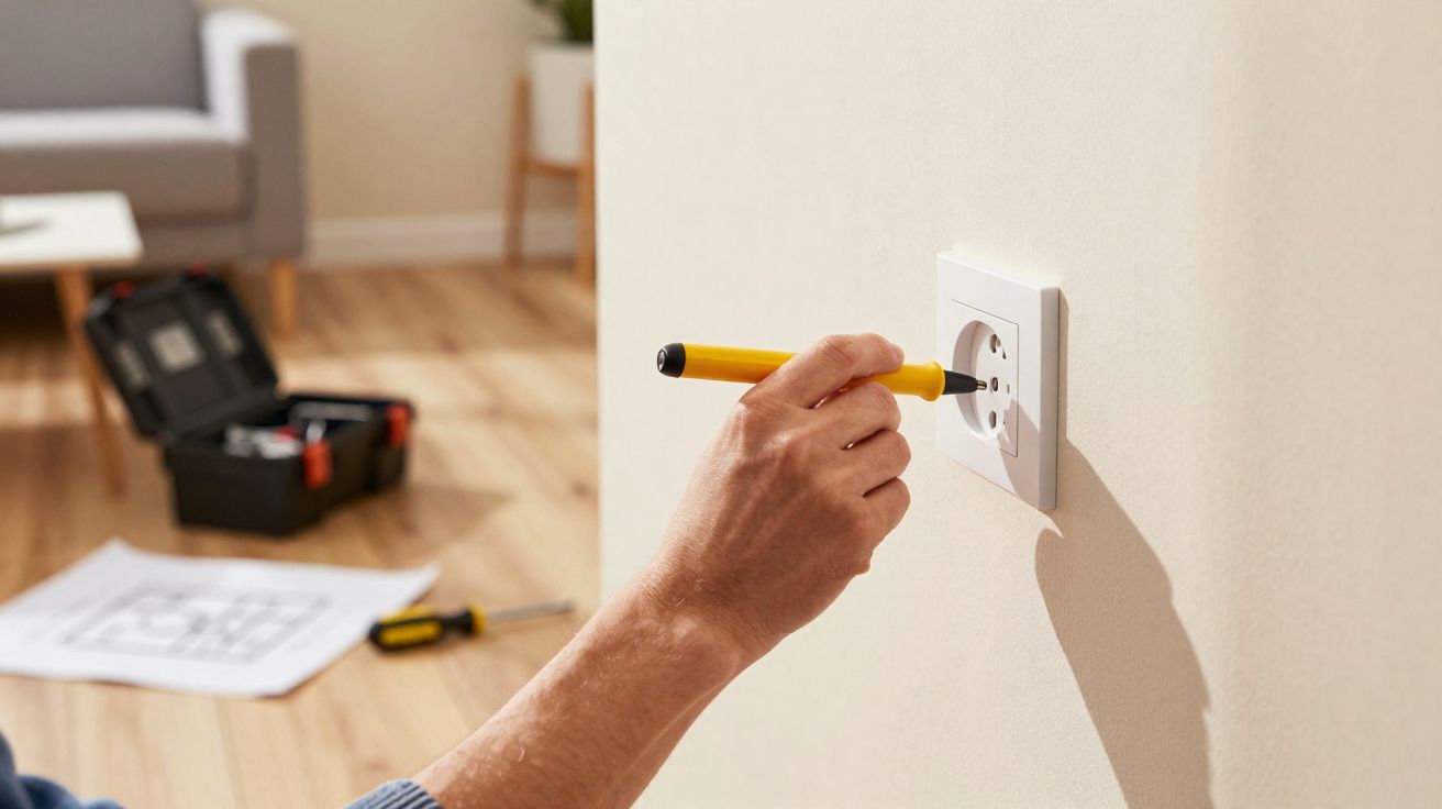 Mão a reparar uma tomada elétrica na parede com ferramenta amarela, caixa de ferramentas e esboço ao fundo.
