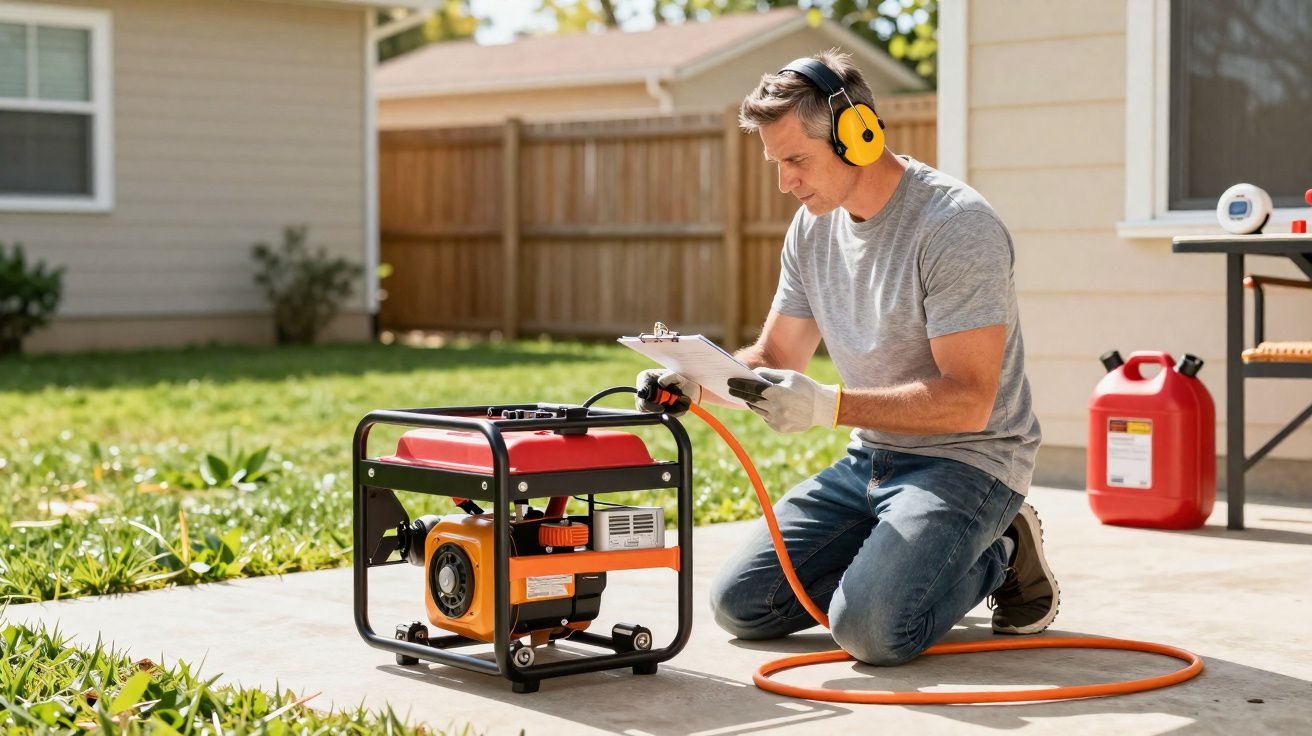 Homem a inspecionar gerador elétrico ao ar livre com proteções auditivas e luvas de trabalho.