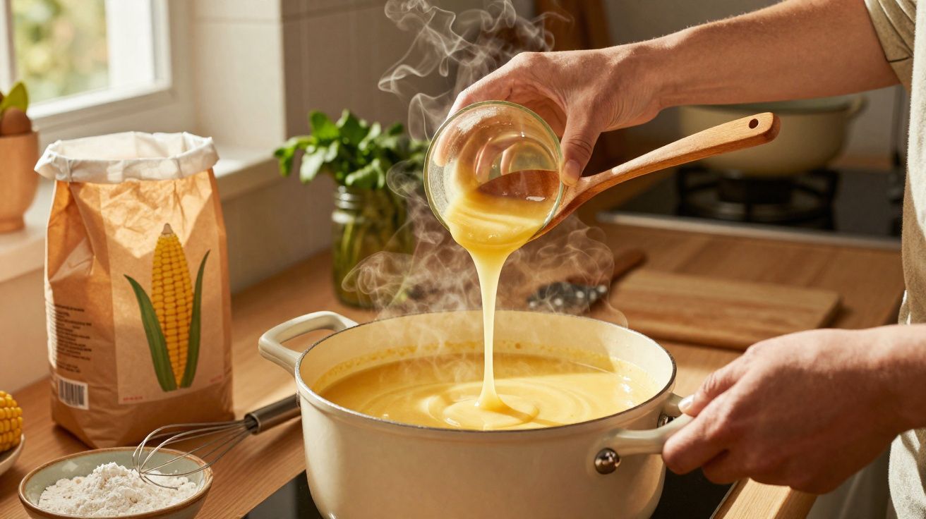 Mãos a verter polenta cremosa quente numa panela branca num fogão de cozinha moderna.