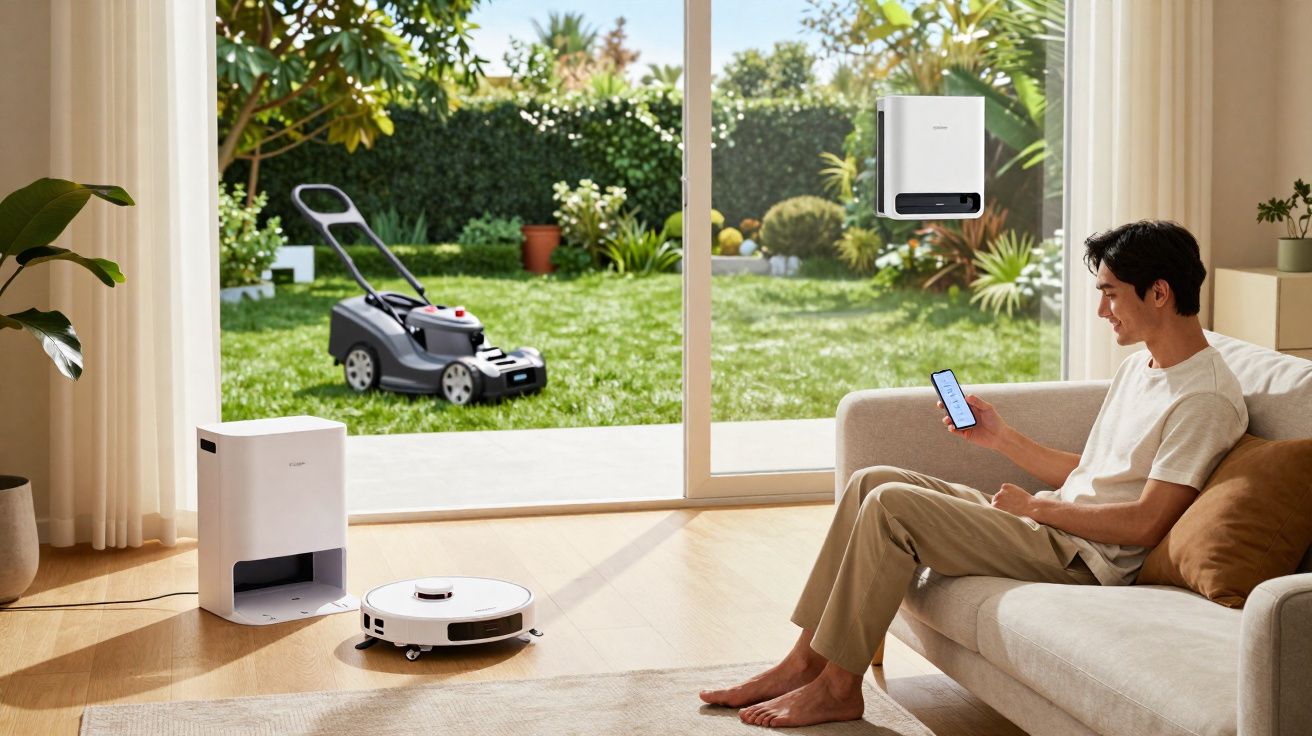 Homem sentado no sofá a controlar aspirador robot num interior com vista para jardim.