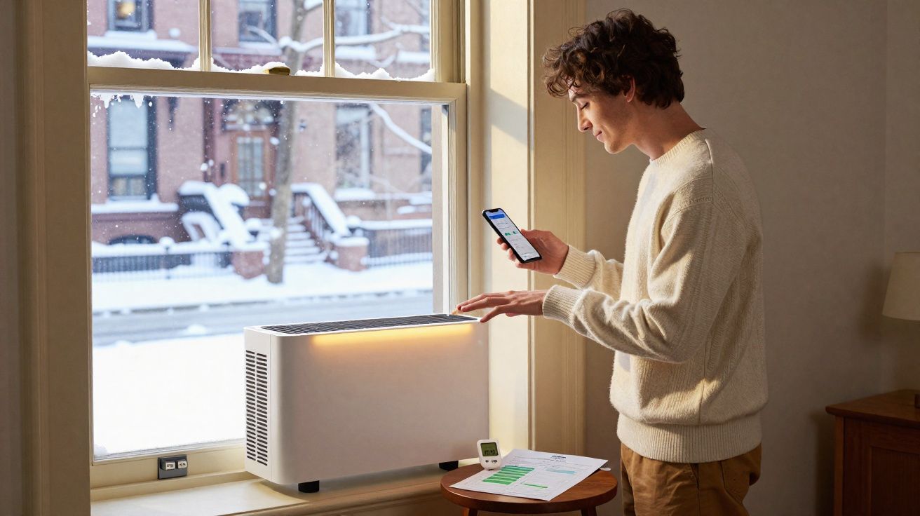 Homem controla purificador de ar com app, perto de janela com neve e documentos numa mesa pequena.
