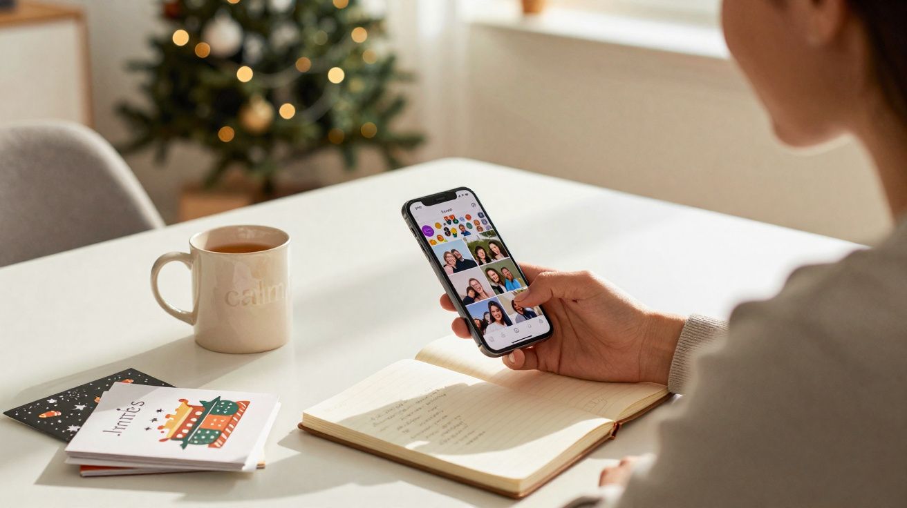 Pessoa a usar telemóvel com fotos, caneca de chá, cadernos e árvore de Natal desfocada ao fundo numa mesa branca.