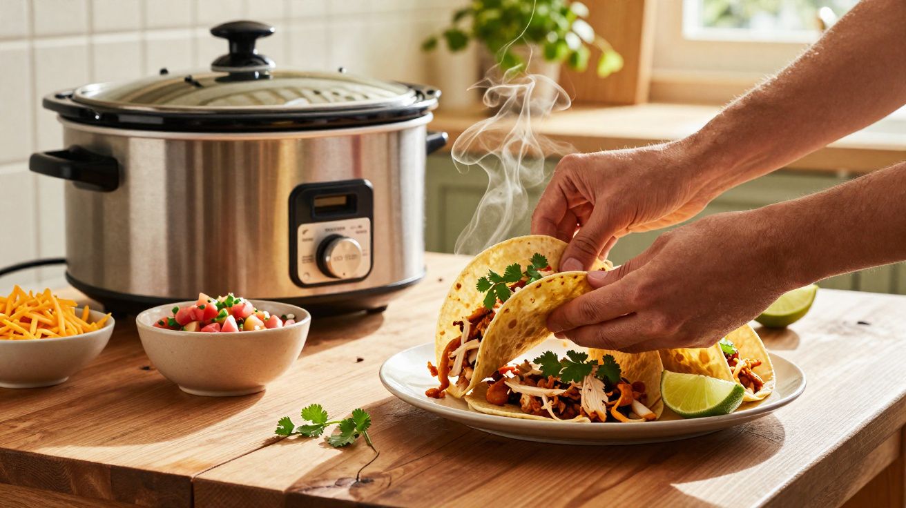 Duas mãos a montar tacos quentes com carne e coentros num prato, ao lado de uma panela elétrica e tigelas de guarnições.