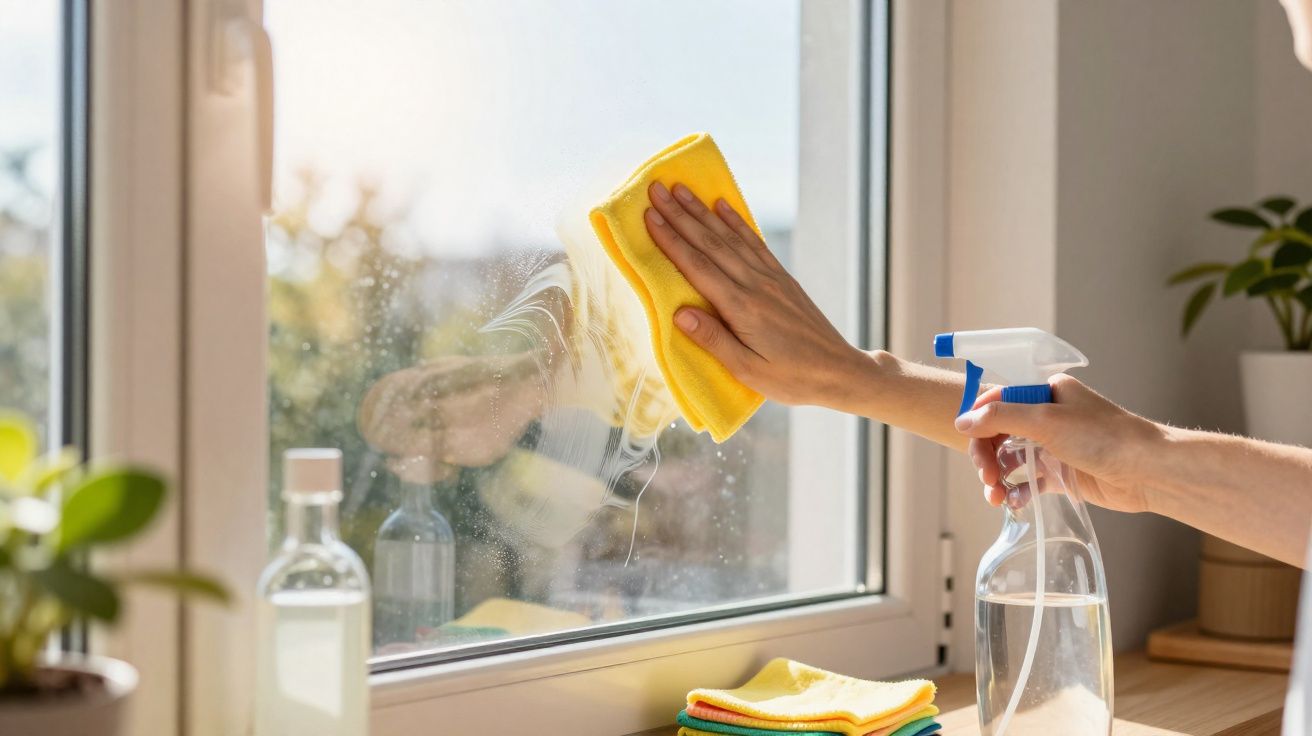 Pessoa a limpar uma janela com um pano amarelo e pulverizador transparente num ambiente iluminado.
