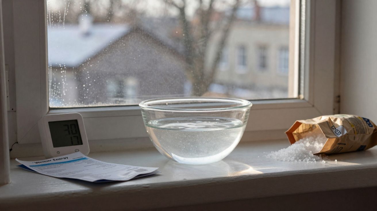 Bacia com água, termómetro digital, papel e saco com cristais sobre parapeito de janela com gotas de chuva.