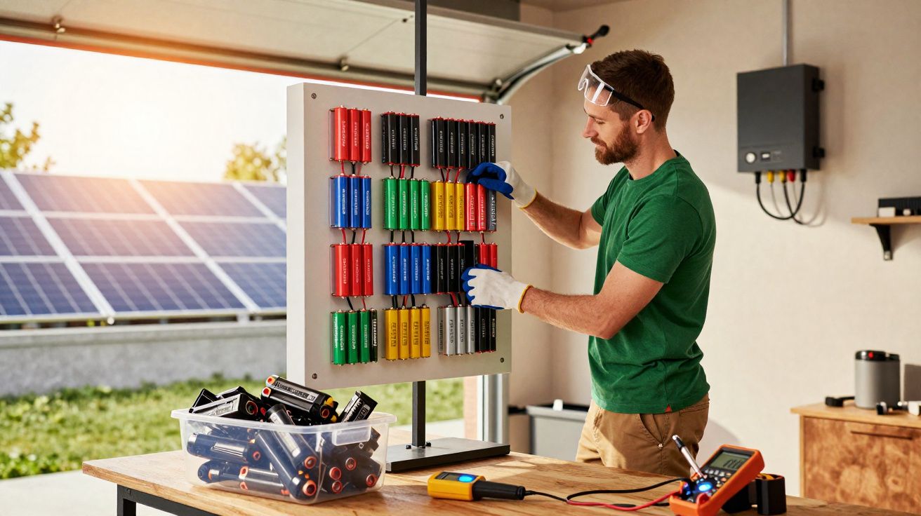 Homem a trabalhar num painel de baterias coloridas com painéis solares visíveis ao fundo.