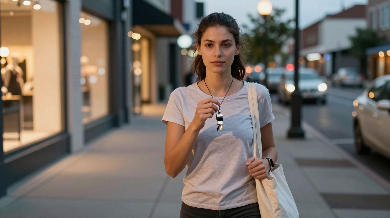 Jovem mulher com t-shirt branca segura chaveiro, caminha numa rua urbana ao entardecer, com bolsa no ombro.