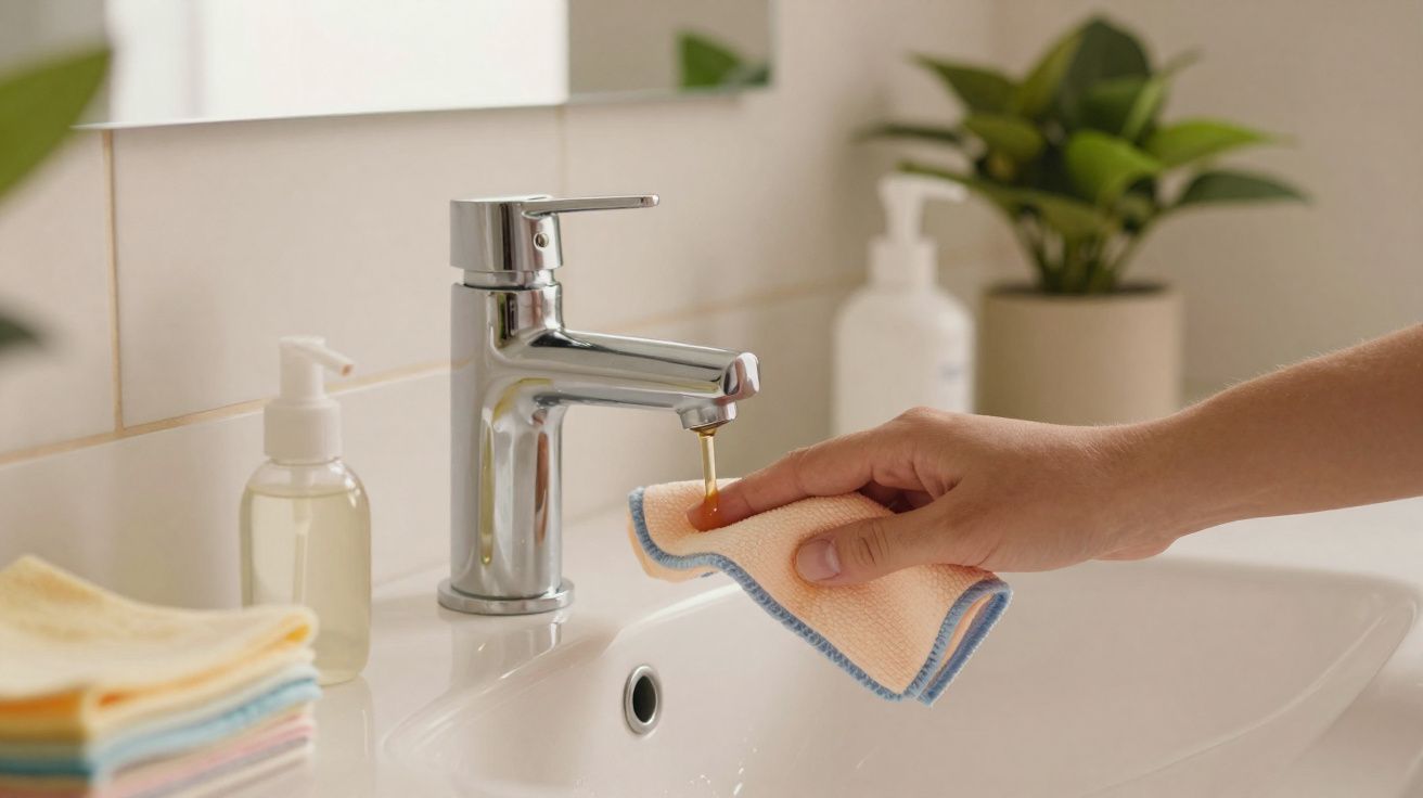 Mão segura pano para apanhar água que sai da torneira num lavatório branco com plantas e dispensadores ao fundo.