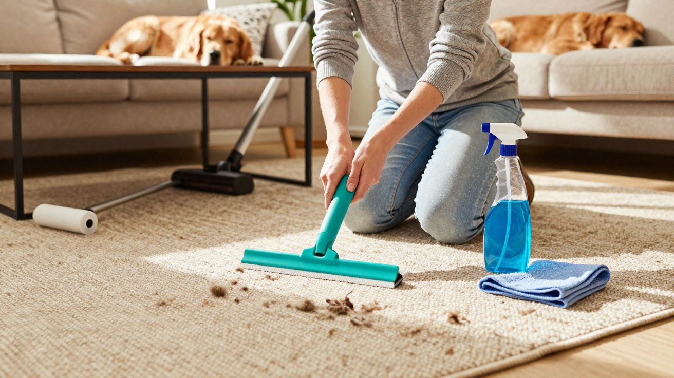 Pessoa com aspirador manual limpa tapete sujo à luz do dia, dois cães dormem no sofá ao fundo.