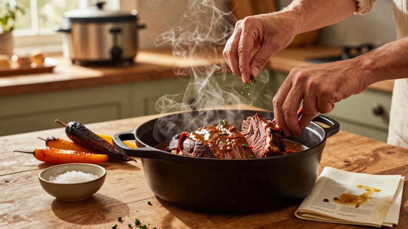 Mãos a temperar carne quente num tacho com vapor, sobre mesa de madeira com legumes e sal à volta.
