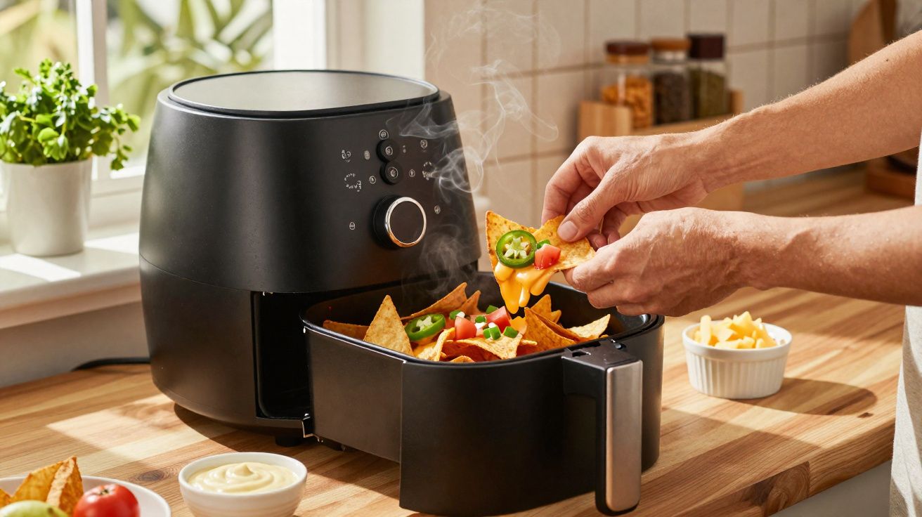 Máquina de air fryer preta a cozinhar nachos com queijo, jalapeños e tomate numa cozinha iluminada.
