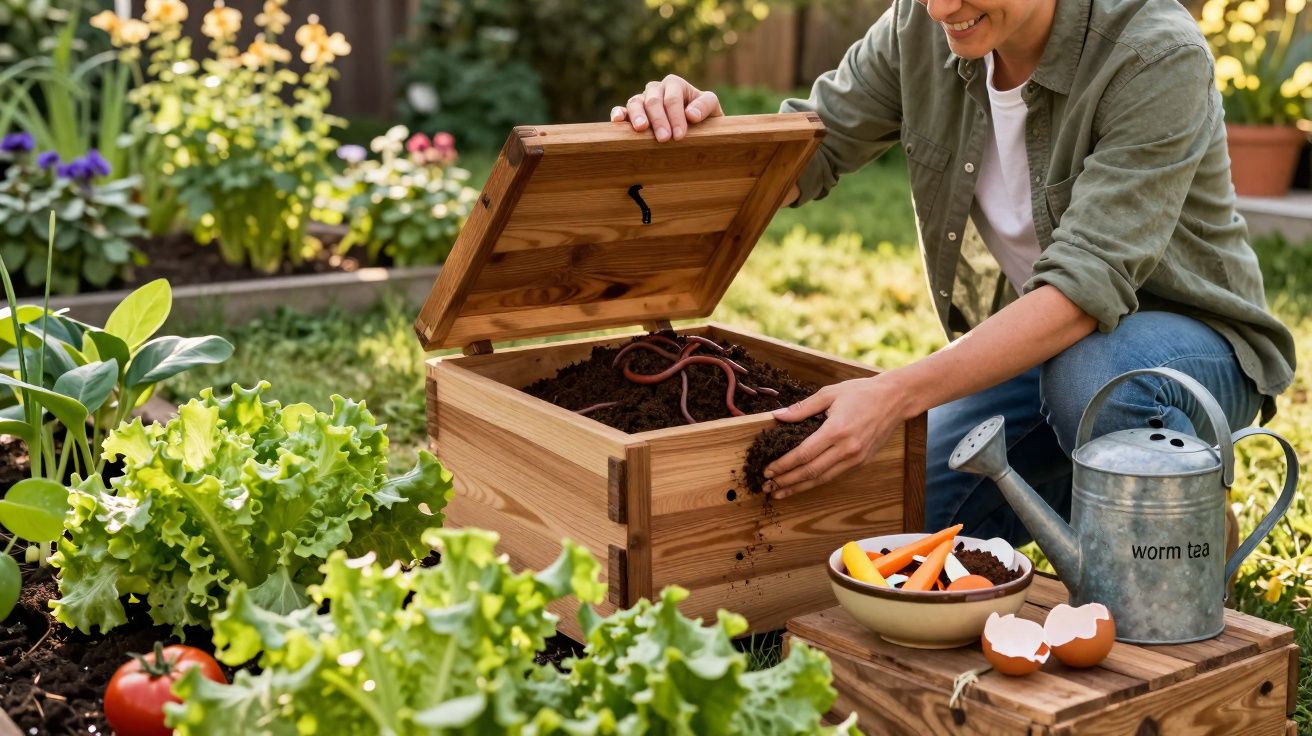 Pessoa a fazer compostagem caseira com minhocas em caixa de madeira num jardim com hortícolas.