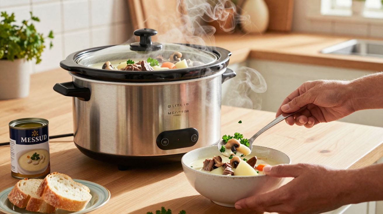 Panela elétrica com sopa quente e húmida, mãos a servir em tigela branca sobre mesa de madeira.