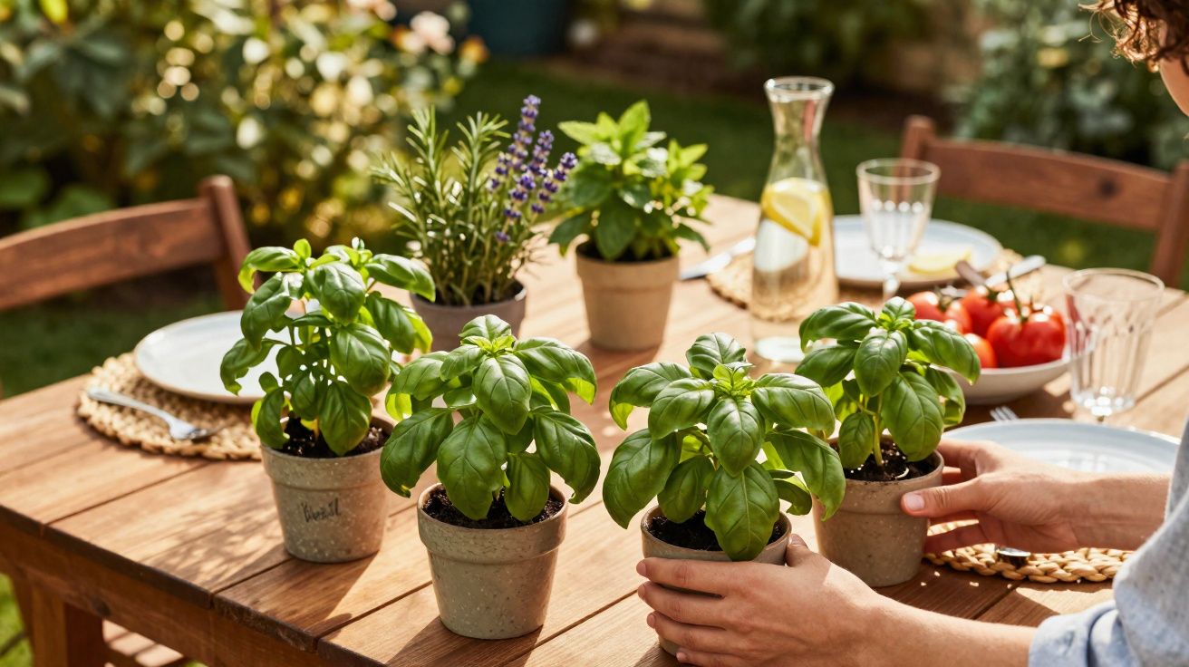 Mesa de madeira ao ar livre com vasos de manjericão e outras ervas aromáticas e pessoa a arrumar o manjericão.