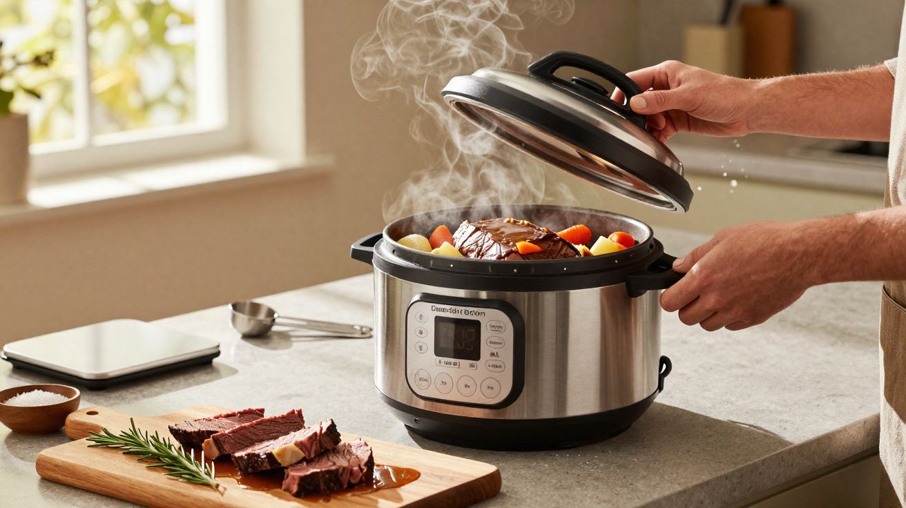 Pessoa a levantar tampa de panela elétrica com carne, batatas e legumes a cozinhar, fumegante.