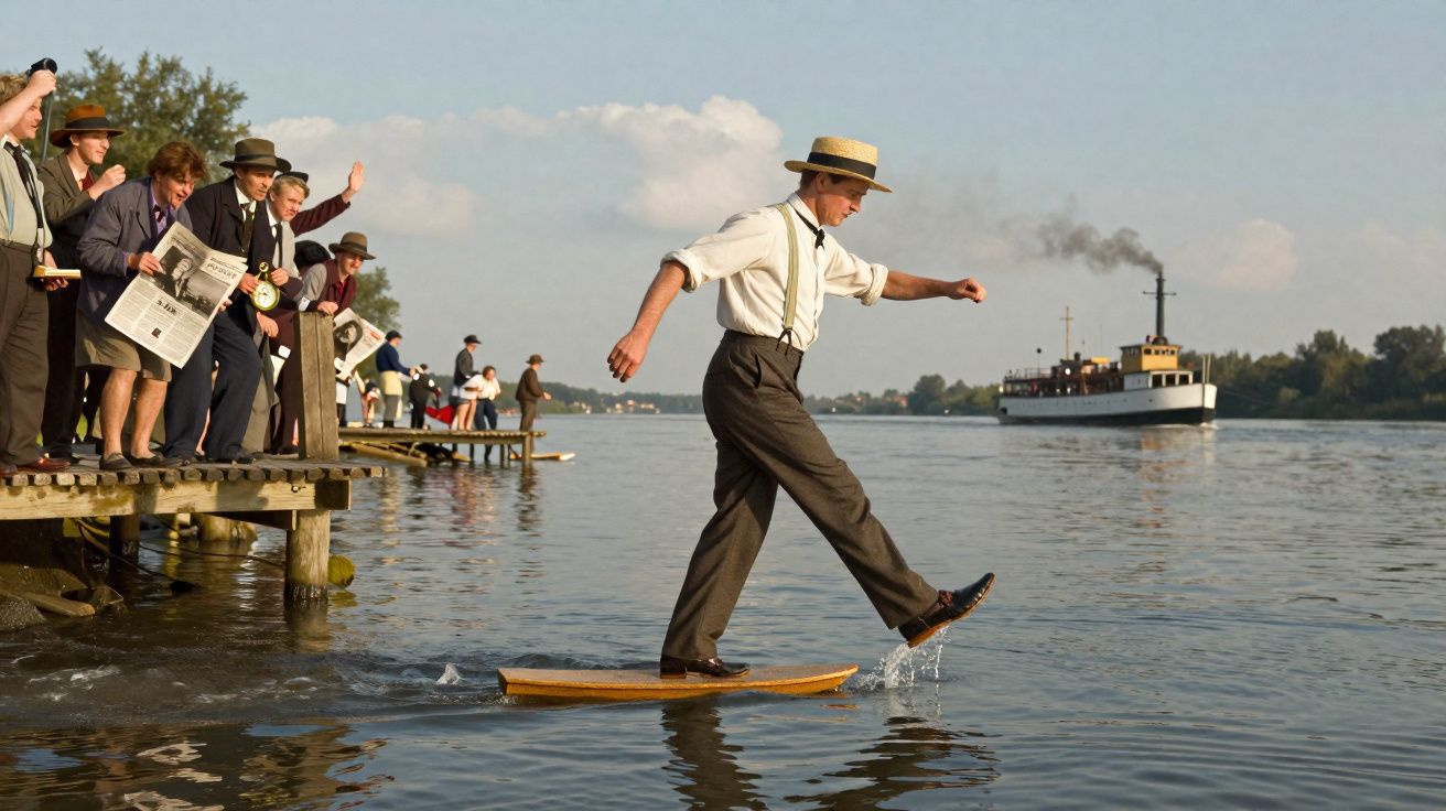 Homem com roupa vintage caminha em prancha sobre água enquanto multidão o observa num cais, com barco a vapor ao fundo.