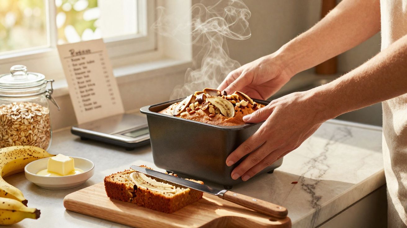Pessoas a tirar pão de banana quente do tabuleiro na cozinha, com fatias e ingredientes na bancada.