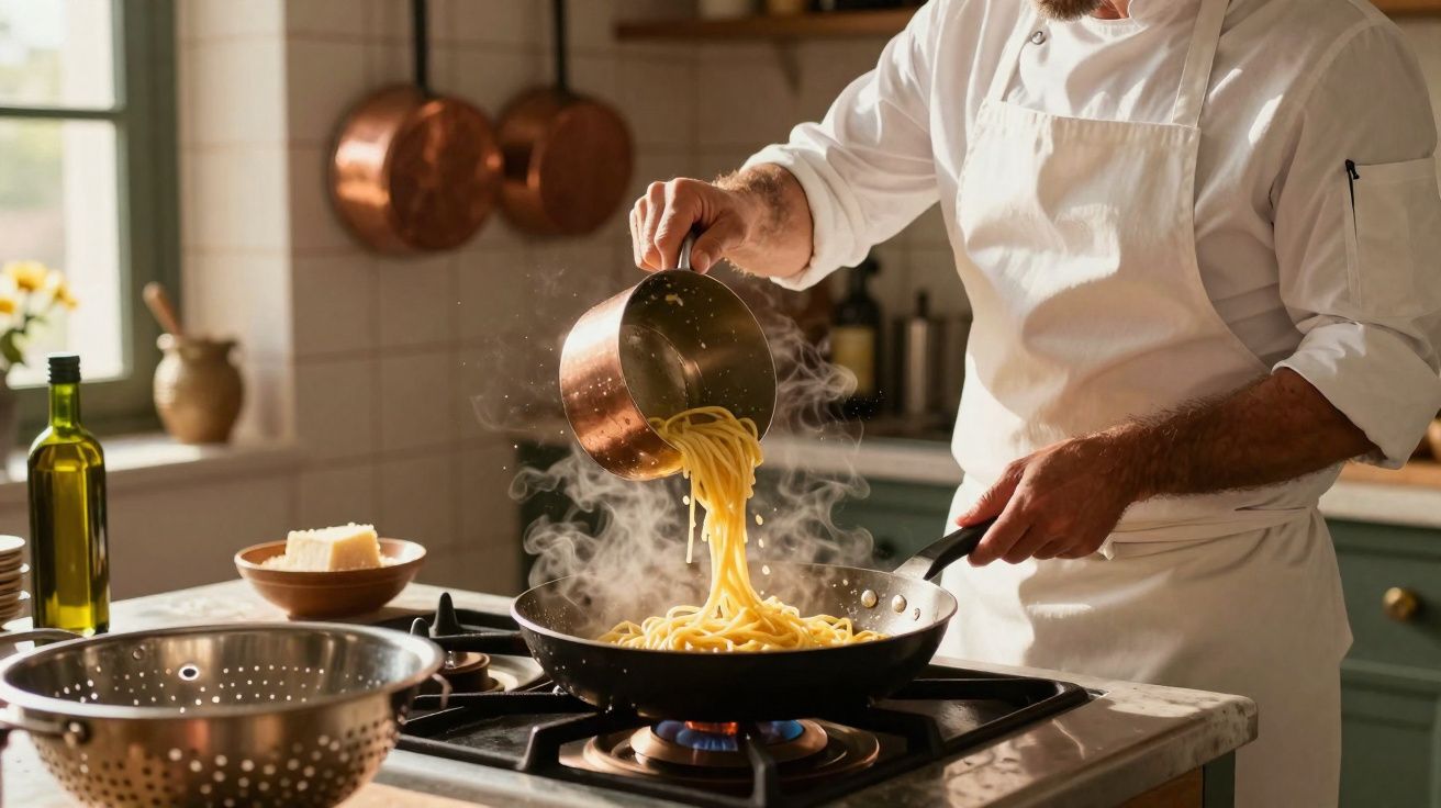 Cozinheiro a servir massa quente da panela para frigideira num fogão a gás numa cozinha tradicional.