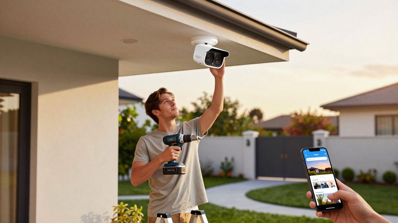 Homem a instalar câmara de segurança externa enquanto outra pessoa vê imagens num telemóvel.