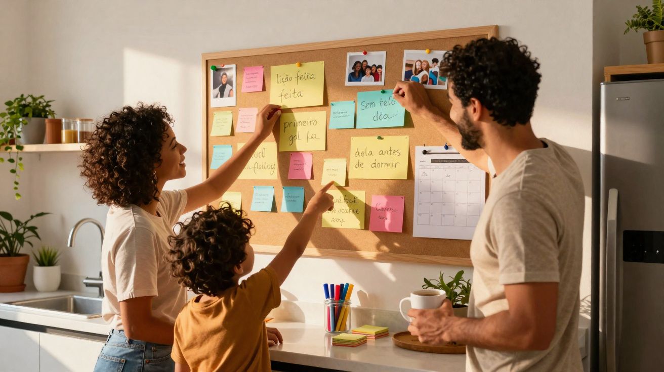 Família a organizar notas coloridas numa placa de cortiça numa cozinha luminosa.
