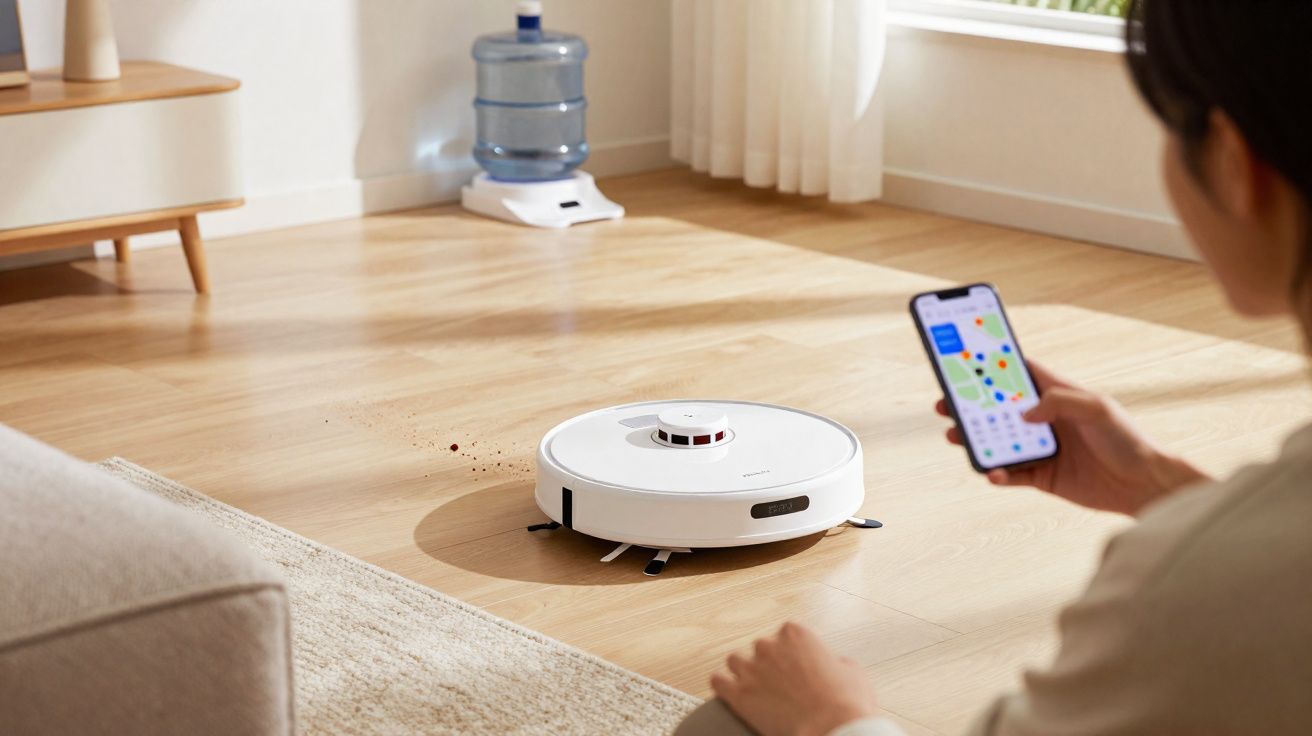 Aspirador robô branco a limpar chão de madeira, controlado por uma pessoa com smartphone.
