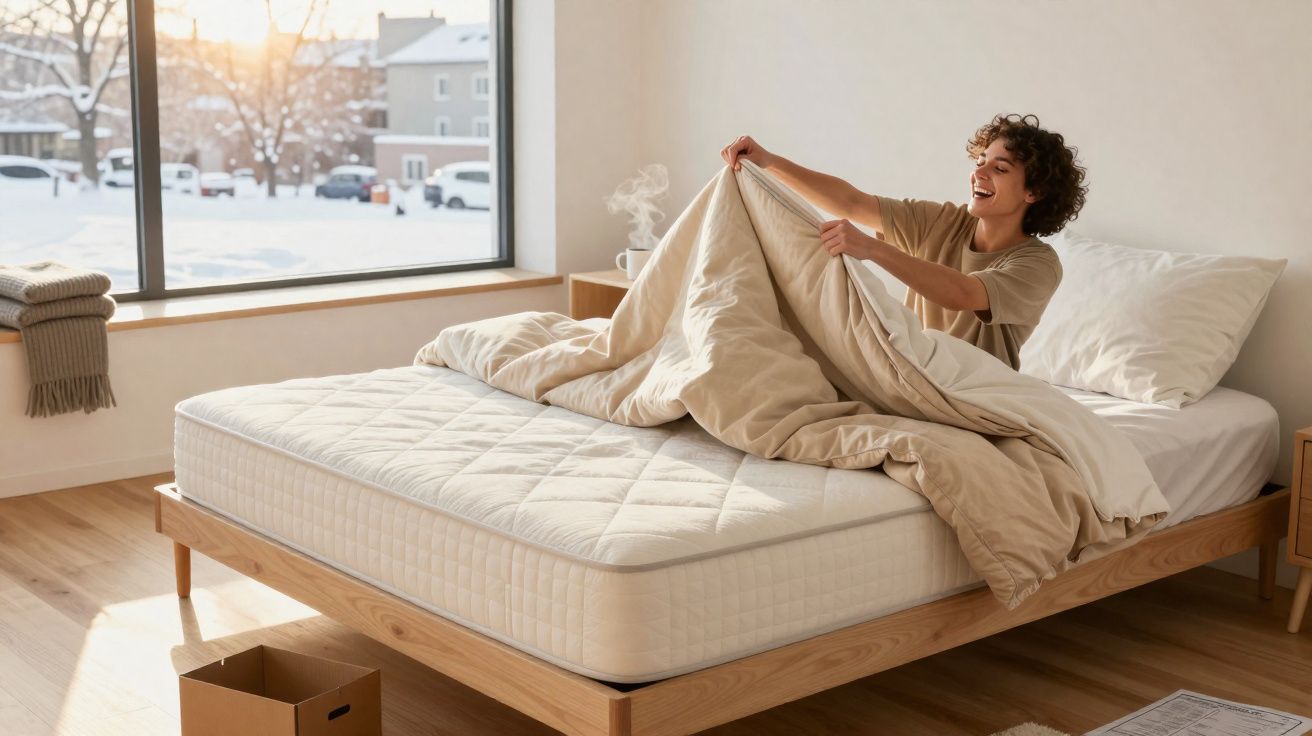 Pessoa a estender um edredão numa cama num quarto iluminado com janela grande para paisagem nevada.