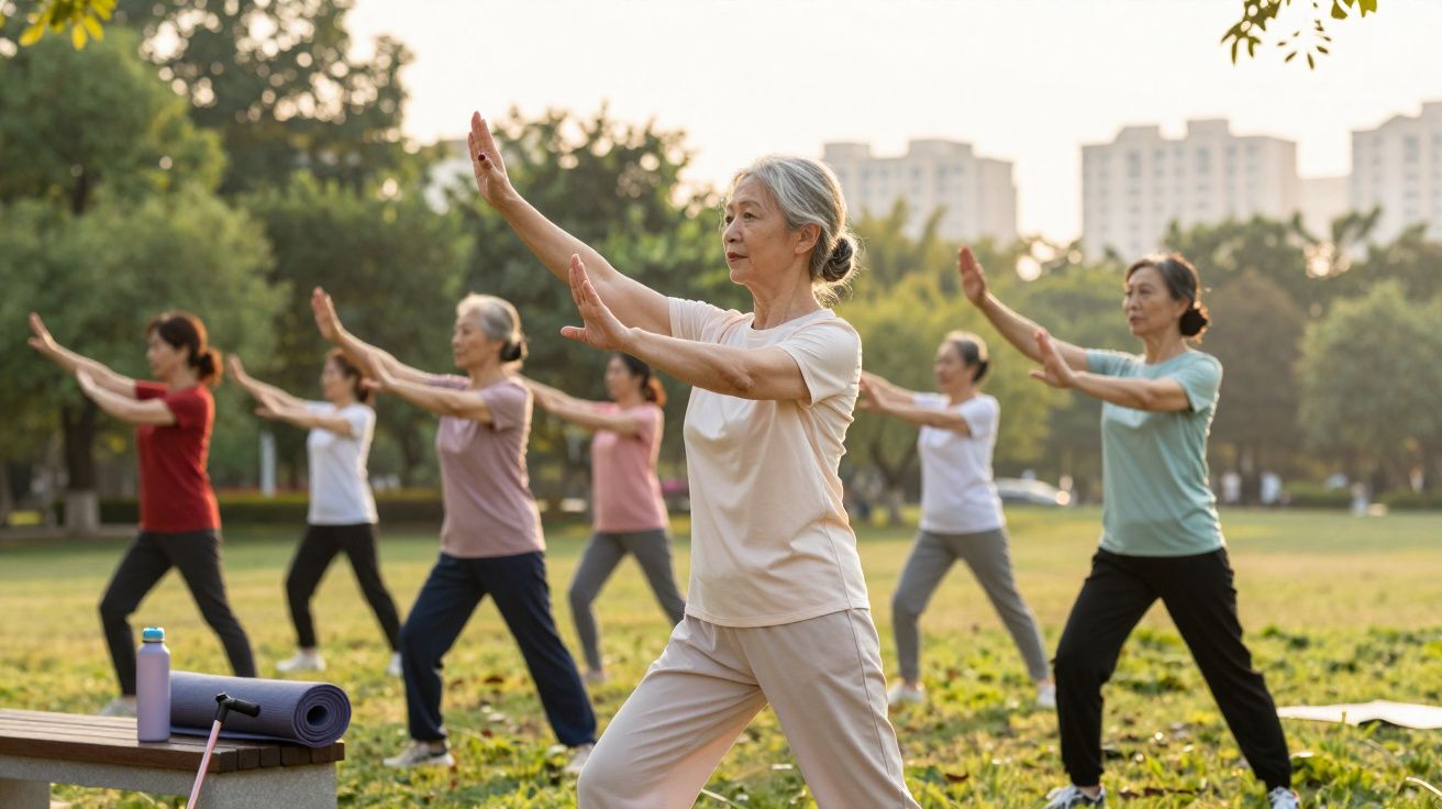 Grupo de mulheres praticando exercícios de tai chi ao ar livre num parque urbano.