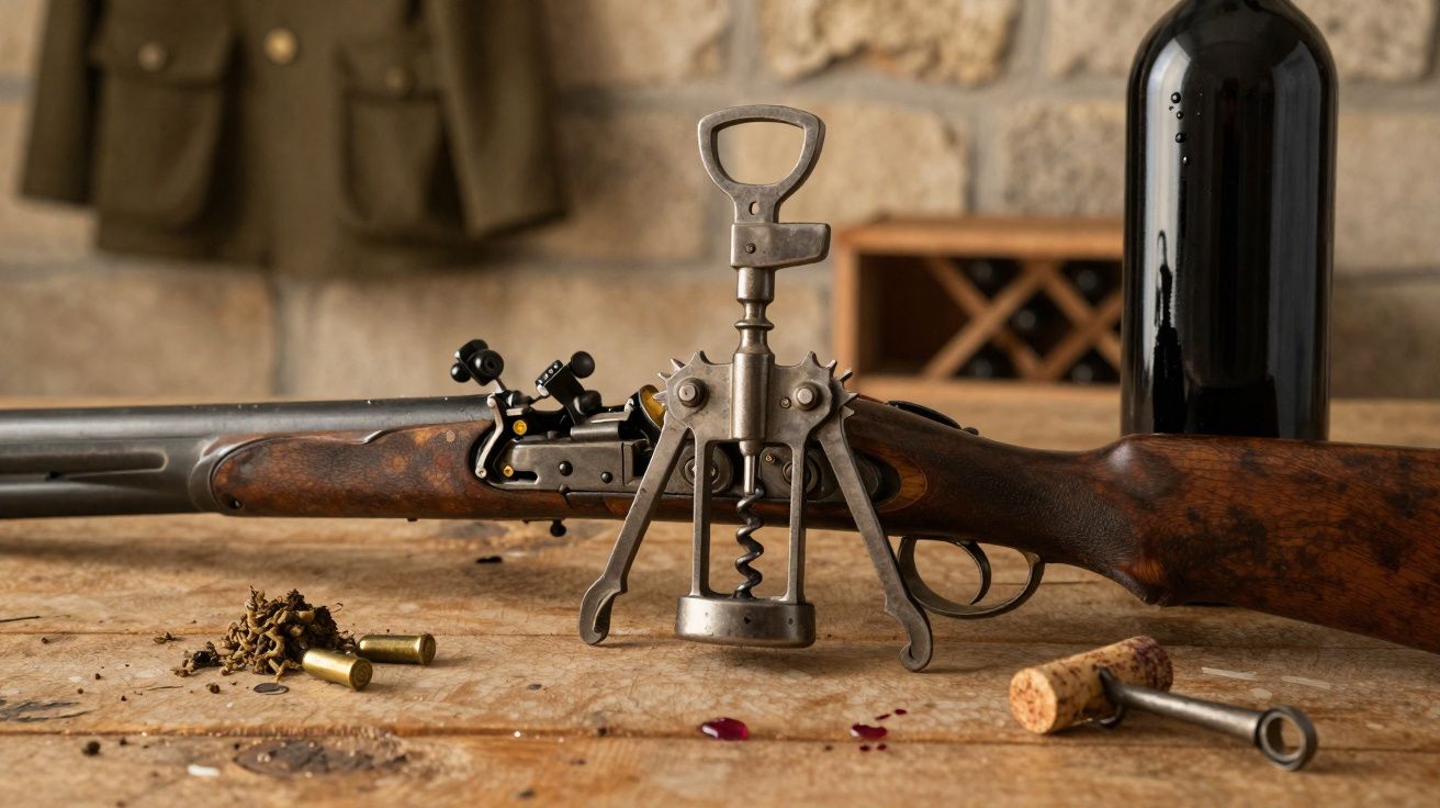 Arma antiga, saca-rolhas metálico, cápsulas de munição e garrafa de vinho sobre mesa de madeira.