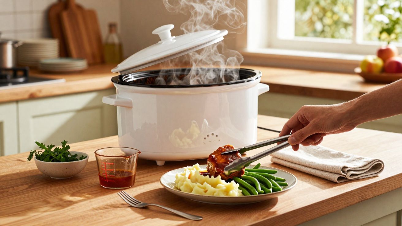 Mão a servir comida quente com carne, puré de batata e feijão verde de panela eléctrica na cozinha.