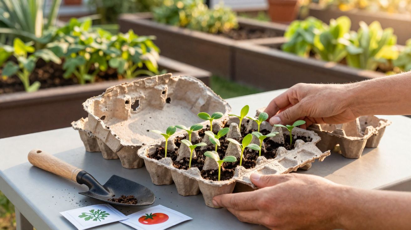 Mãos a cuidar de rebentos verdes em embalagem reciclada com terra, ao ar livre numa mesa de jardim.