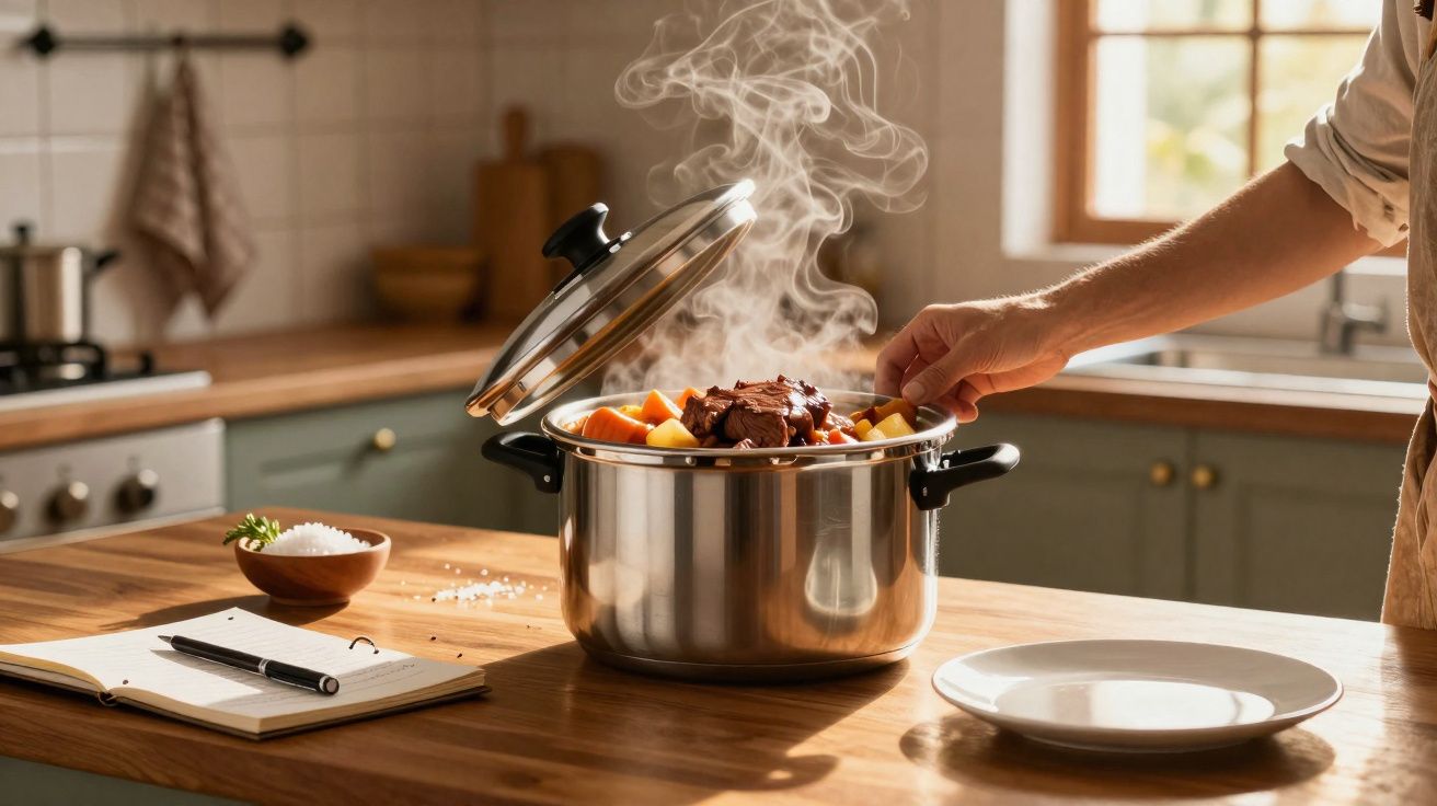 Panela de aço inox com refeição quente a vapor na cozinha, com mão a segurar a tampa.