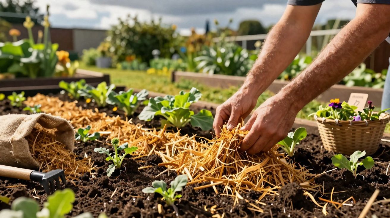 Mãos a cobrir plantas jovens com palha num canteiro de jardim, com ferramentas e flores ao fundo.