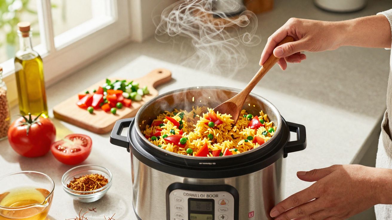 Pessoa a mexer arroz com legumes frescos dentro de panela elétrica numa cozinha luminosa.