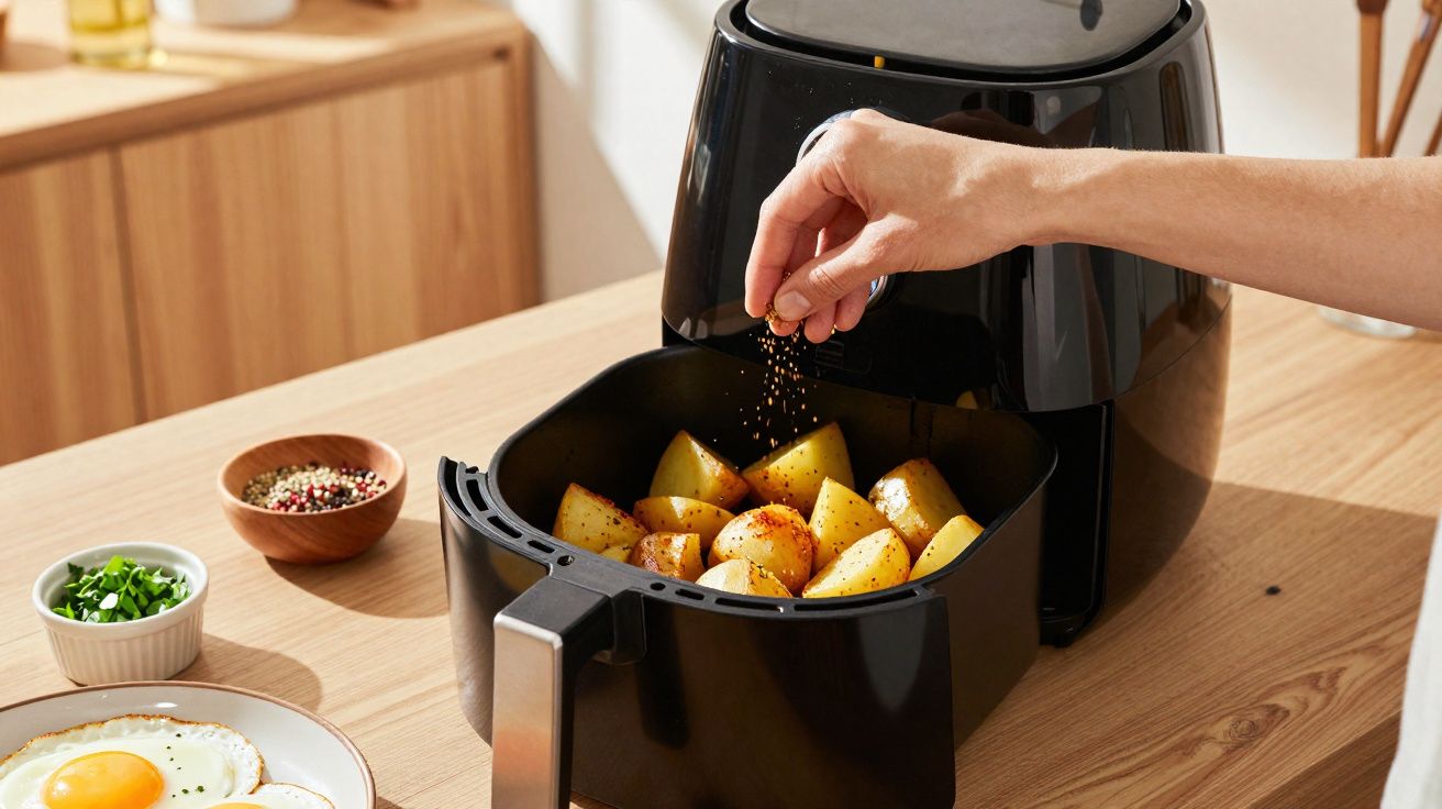 Mão temperando batatas na friteuse de ar preta na cozinha com ovos estrelados e temperos ao lado.