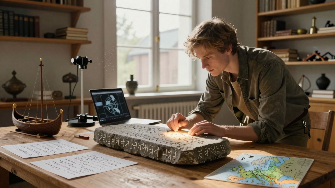 Jovem estuda inscrições antigas numa pedra enquanto investiga artefatos nórdicos numa sala com mapas e livros.