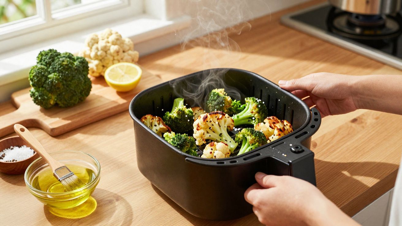 Mãos retiram legumes quentes, brócolos e couve-flor, de uma fritadeira de ar preta numa bancada de cozinha.