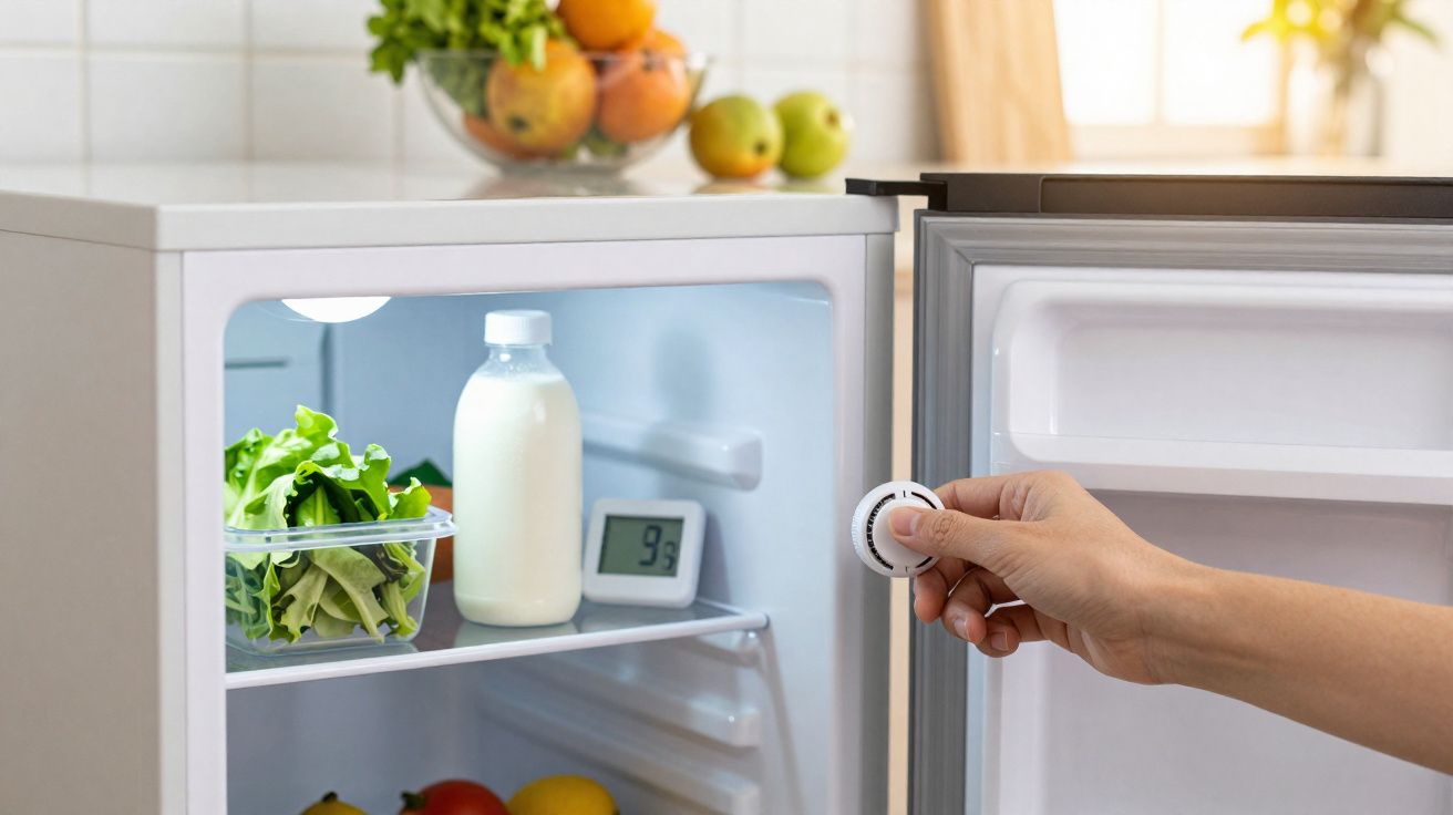 Frigorífico aberto com alimentos frescos e mão a ajustar a temperatura no termóstato.