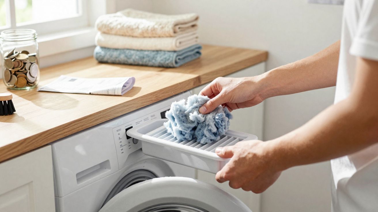 Pessoa a limpar o filtro de fiapos de uma máquina de lavar roupa numa lavandaria doméstica.