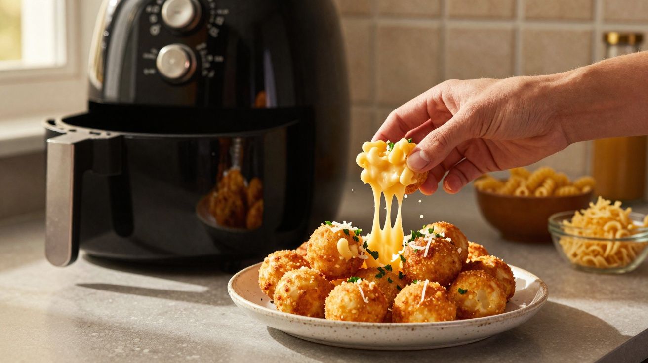 Mão a pegar bolinha crocante recheada de queijo derretido, junto a friggideira e prato com mais bolinhas.