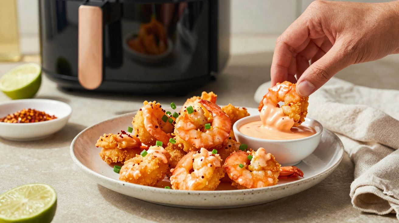 Camarões fritos com molho cremoso num prato, com mão a mergulhar um camarão no molho.