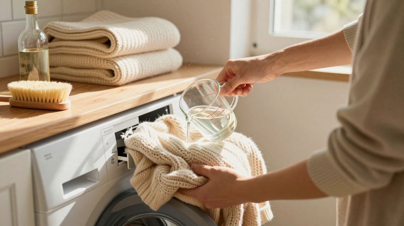 Pessoa a colocar detergente líquido numa camisola de lã junto a uma máquina de lavar na luz natural.