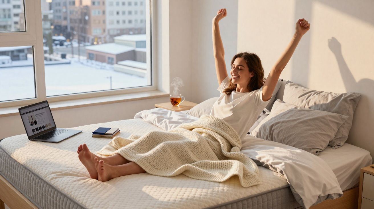 Mulher acorda esticando os braços na cama, com chá, livros e computador ao lado numa manhã ensolarada.