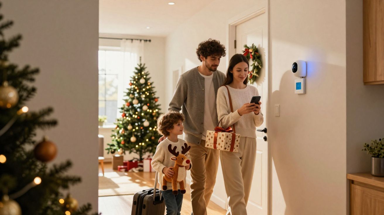 Família em casa decorada para o Natal, com árvore e guirlanda, carregando presentes e mala junto à porta.