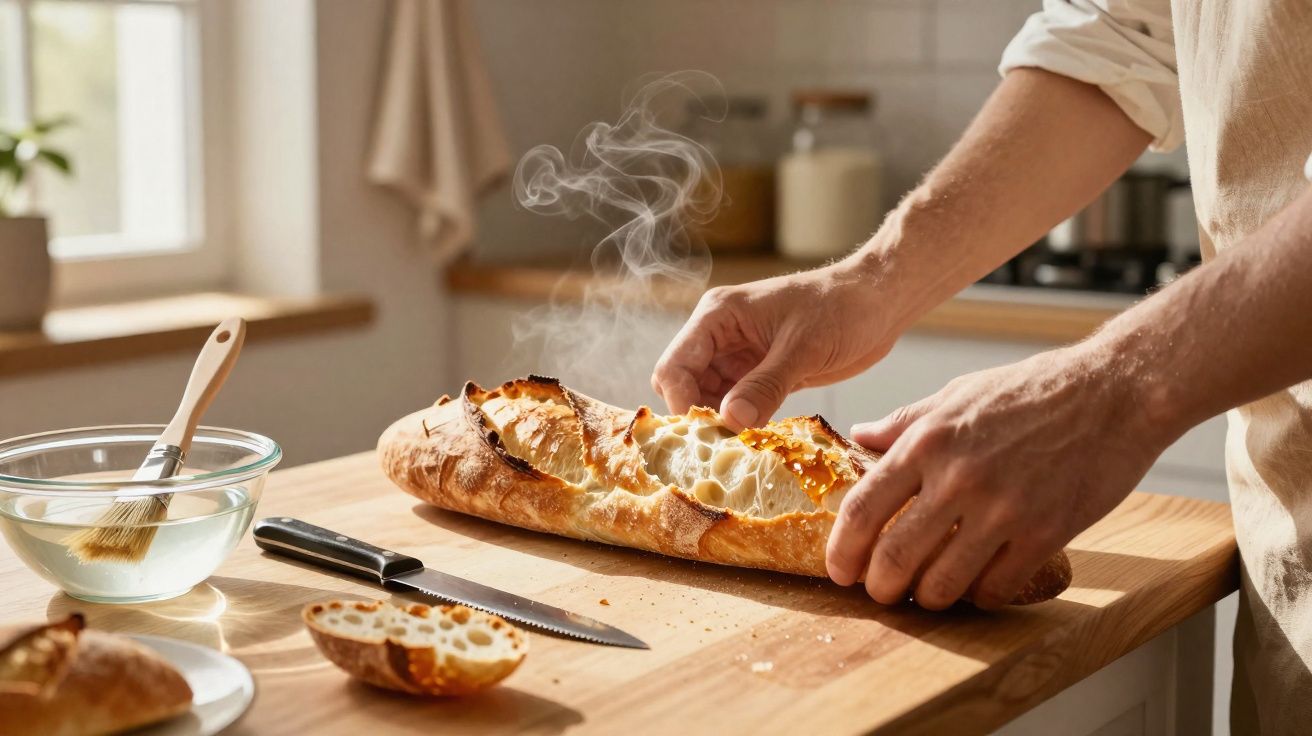 Pessoa a cortar pão quente numa cozinha iluminada pela luz natural da janela.