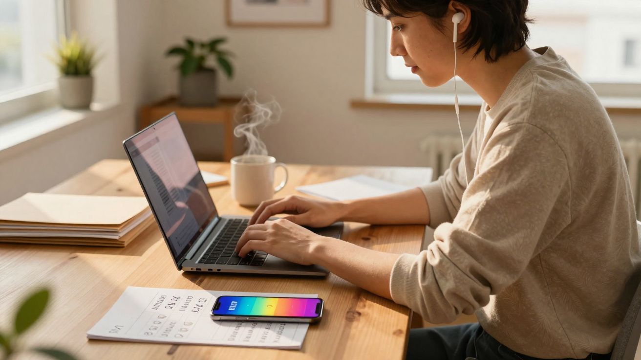 Pessoa a trabalhar num portátil numa mesa de madeira com auriculares e chá fumegante ao lado.