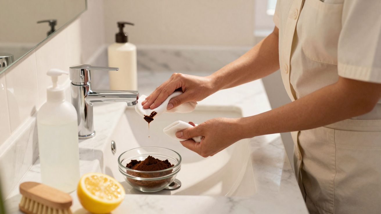 Pessoa a preparar esfoliante caseiro com café moído e discos de algodão num lavatório branco.