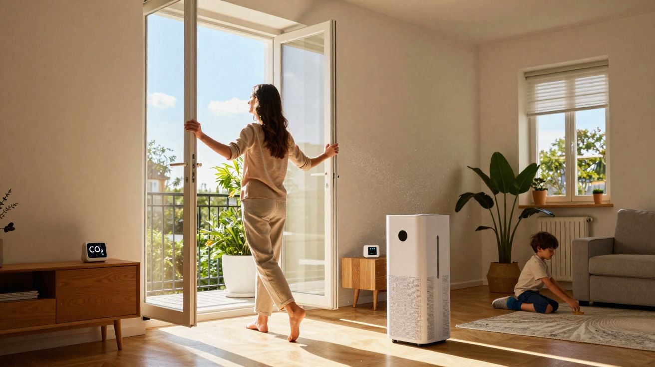 Mulher abre porta de varanda numa sala iluminada, com criança no chão e purificador de ar ligado.