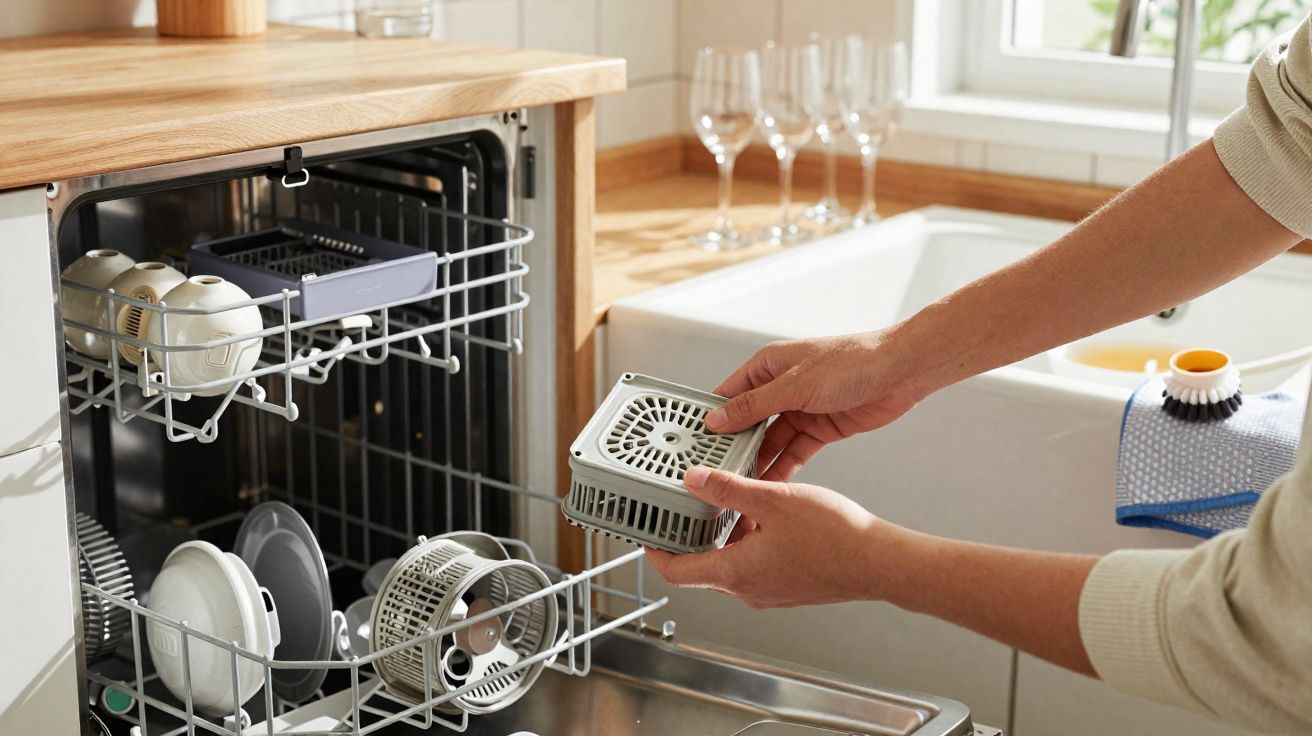 Pessoa a colocar peças de filtro num lava-louça aberto numa cozinha moderna com bancada em madeira.