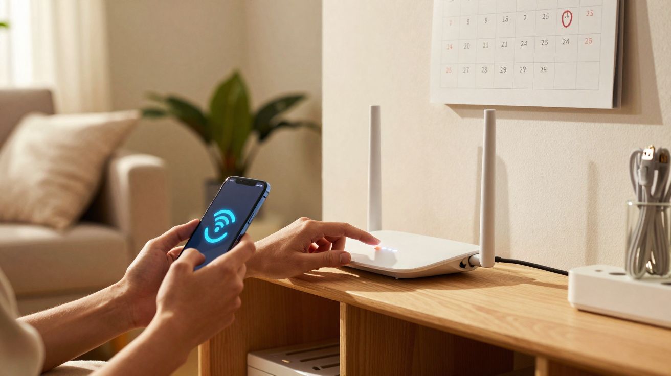 Pessoa a ligar router Wi-Fi com smartphone com símbolo de Wi-Fi no ecrã numa sala de estar.