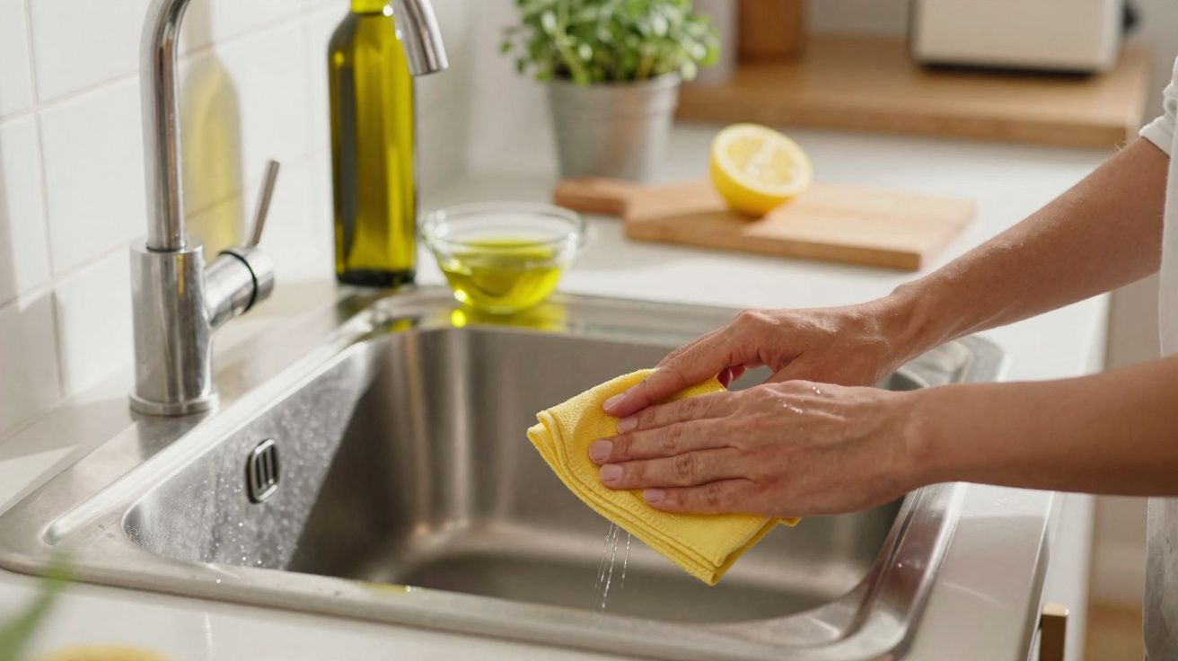 Mãos a limpar uma pia de cozinha em aço inoxidável com um pano amarelo, ao lado de azeite e meio limão.